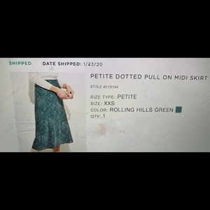Loft. Green w white dots. Satin, Midi skirt, size petite xxs.
